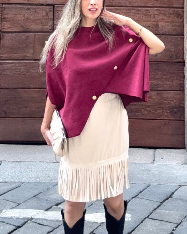 Asymmetrical Suede Cape with Buttons
