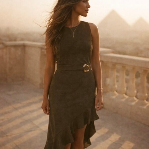 Ribbed Knit Asymmetric Ruffle Midi Dress