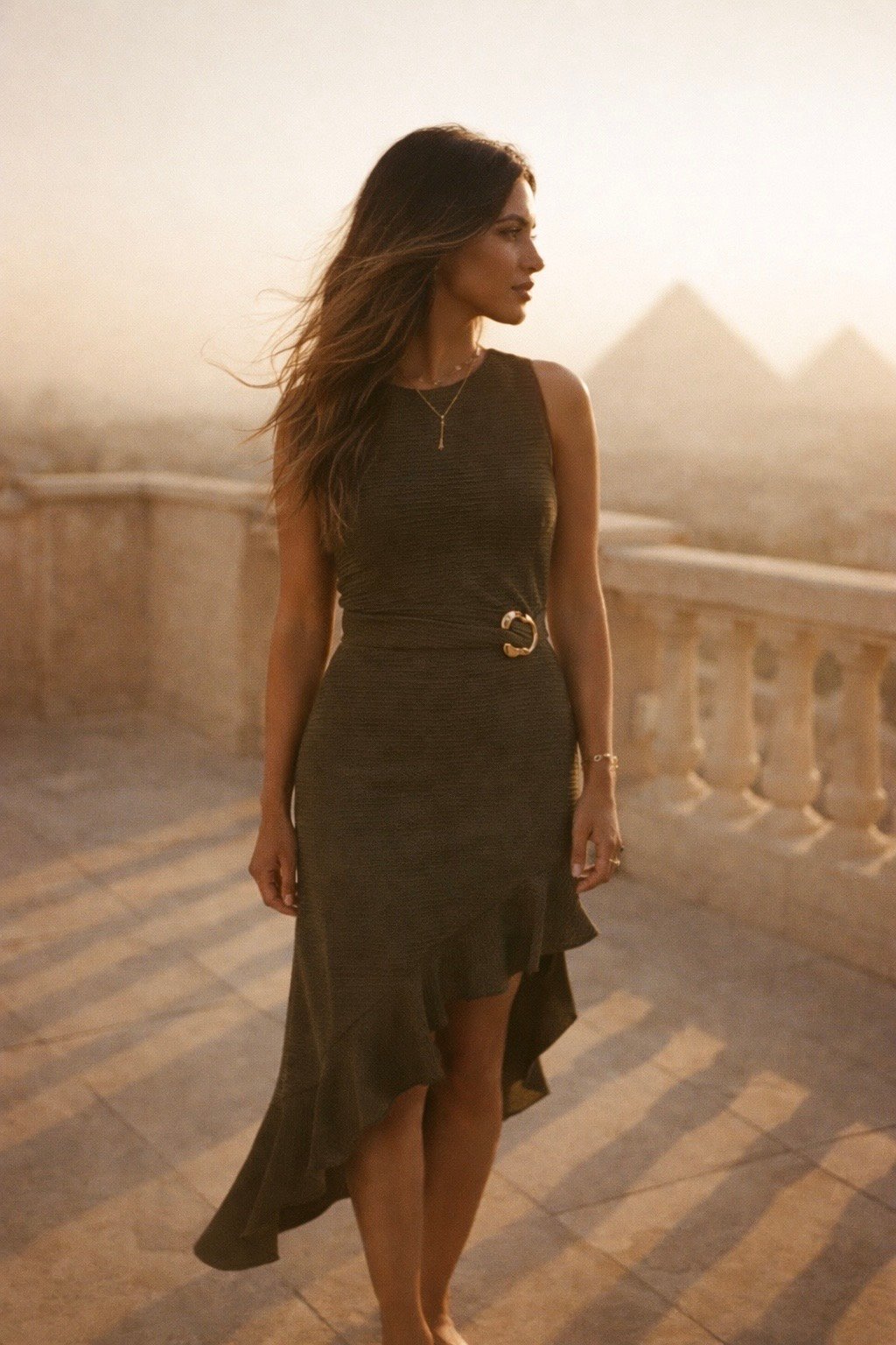 Ribbed Knit Asymmetric Ruffle Midi Dress