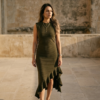 Ribbed Knit Asymmetric Ruffle Midi Dress