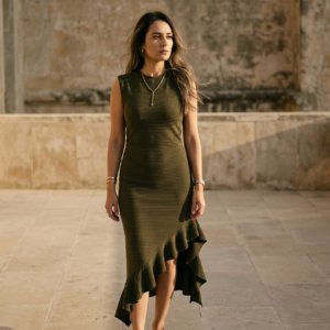Ribbed Knit Asymmetric Ruffle Midi Dress
