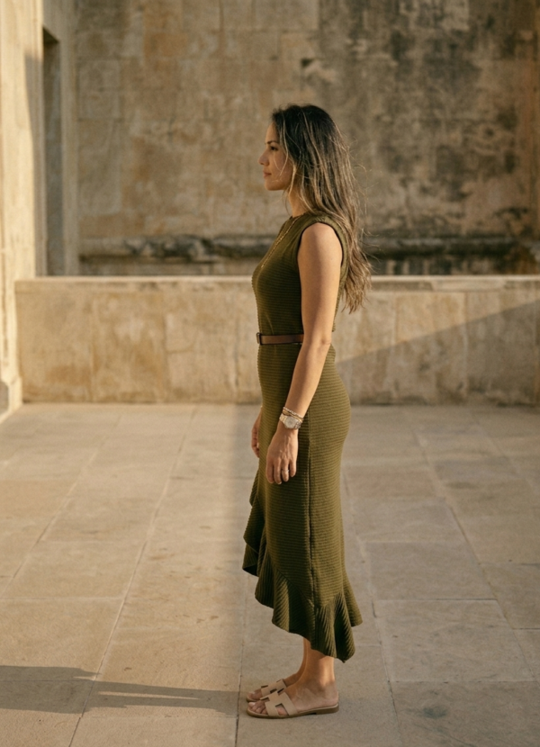 Ribbed Knit Asymmetric Ruffle Midi Dress