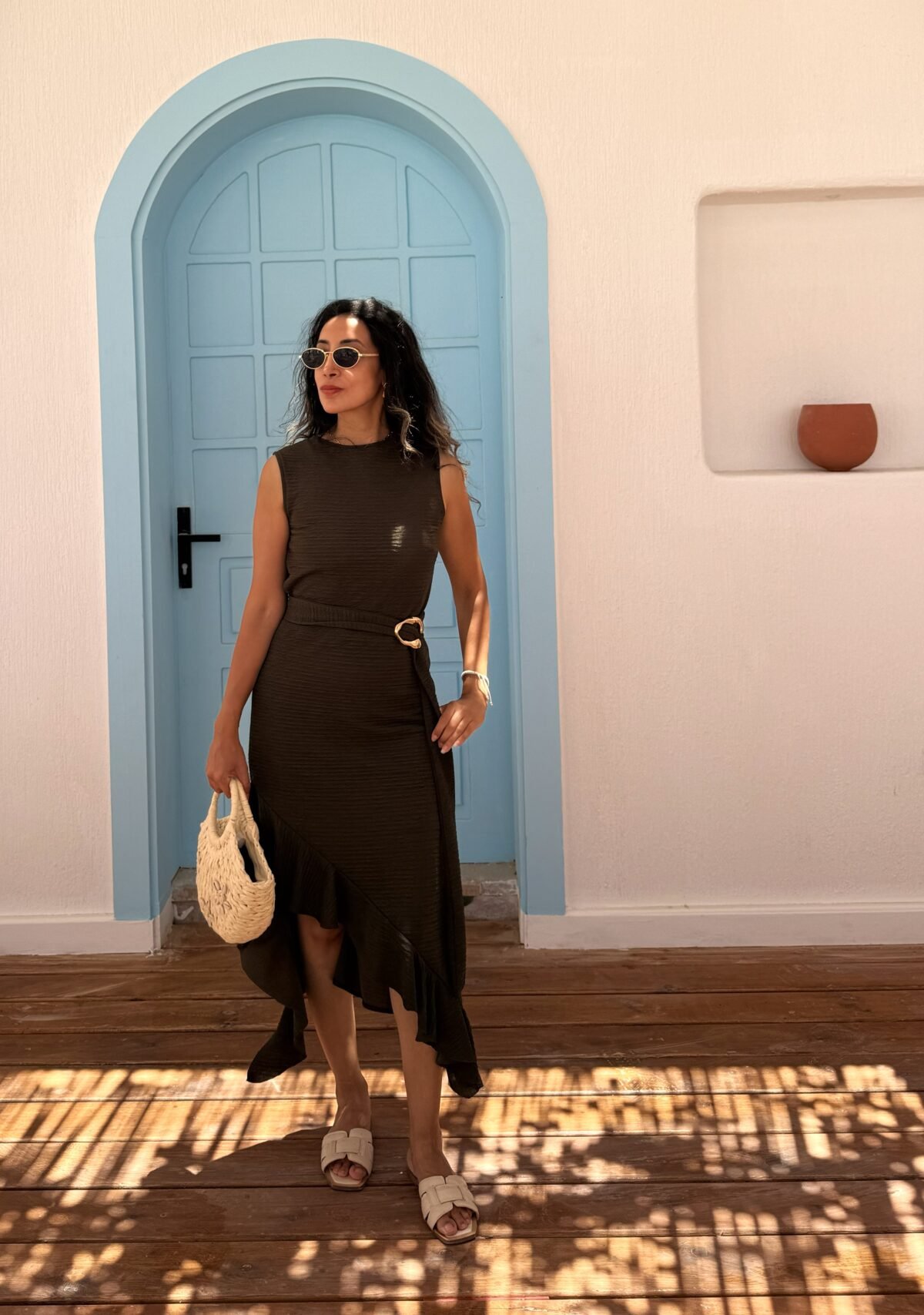 Ribbed Knit Asymmetric Ruffle Midi Dress