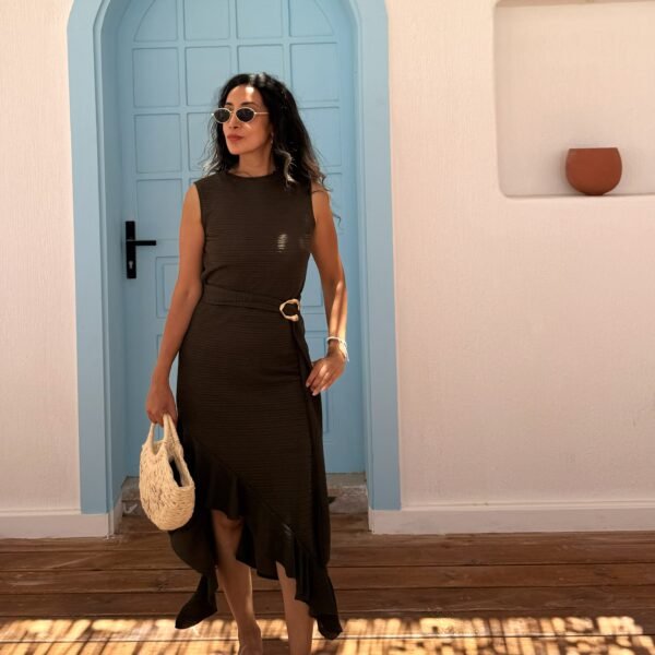 Ribbed Knit Asymmetric Ruffle Midi Dress