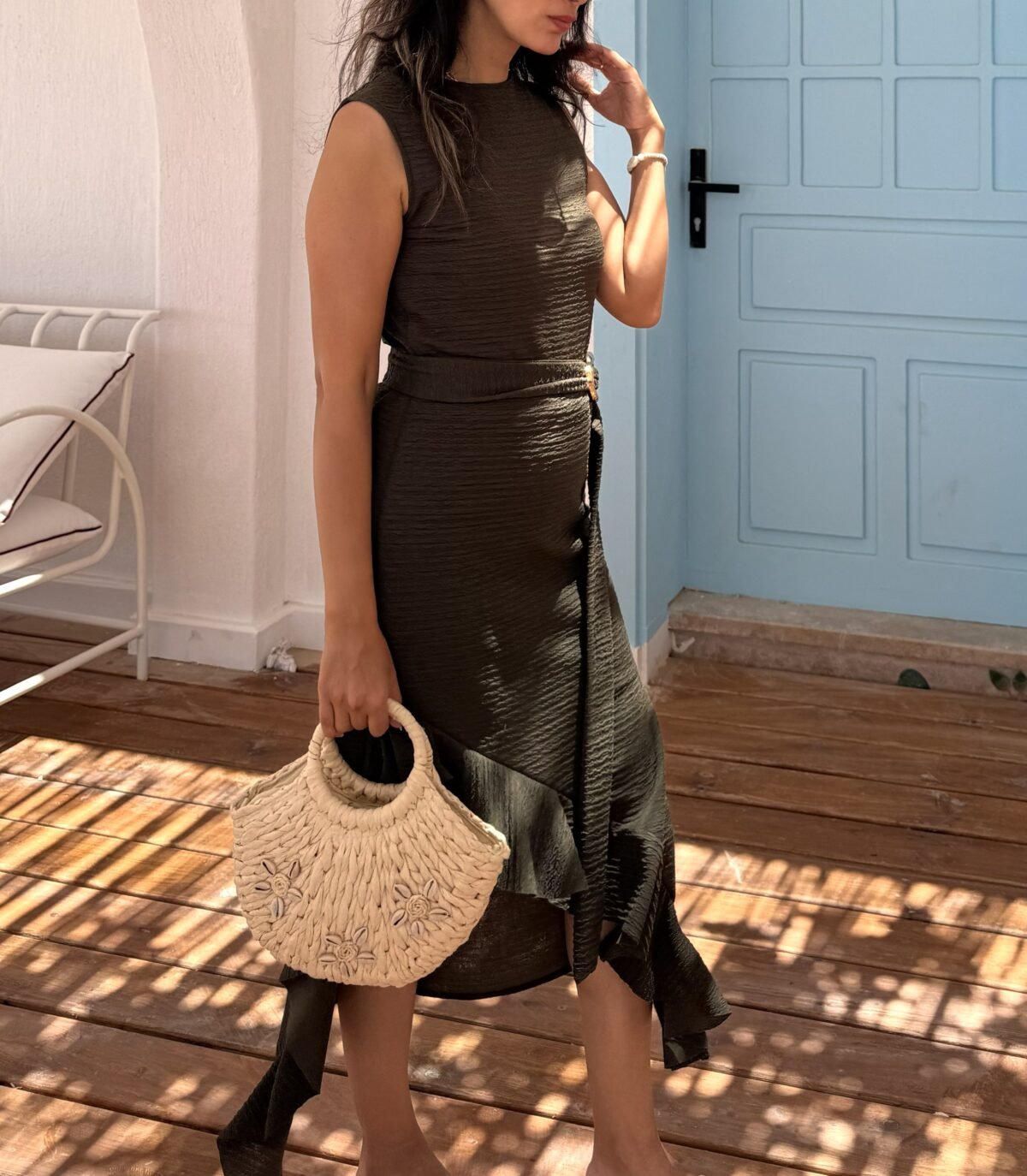 Ribbed Knit Asymmetric Ruffle Midi Dress