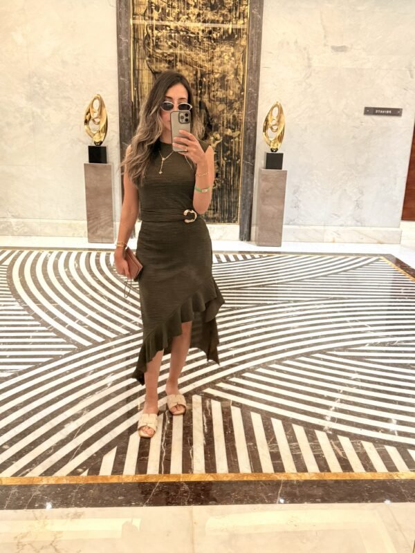Ribbed Knit Asymmetric Ruffle Midi Dress