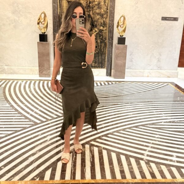 Ribbed Knit Asymmetric Ruffle Midi Dress