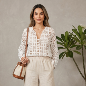 Long-Sleeve Floral Guipure Blouse