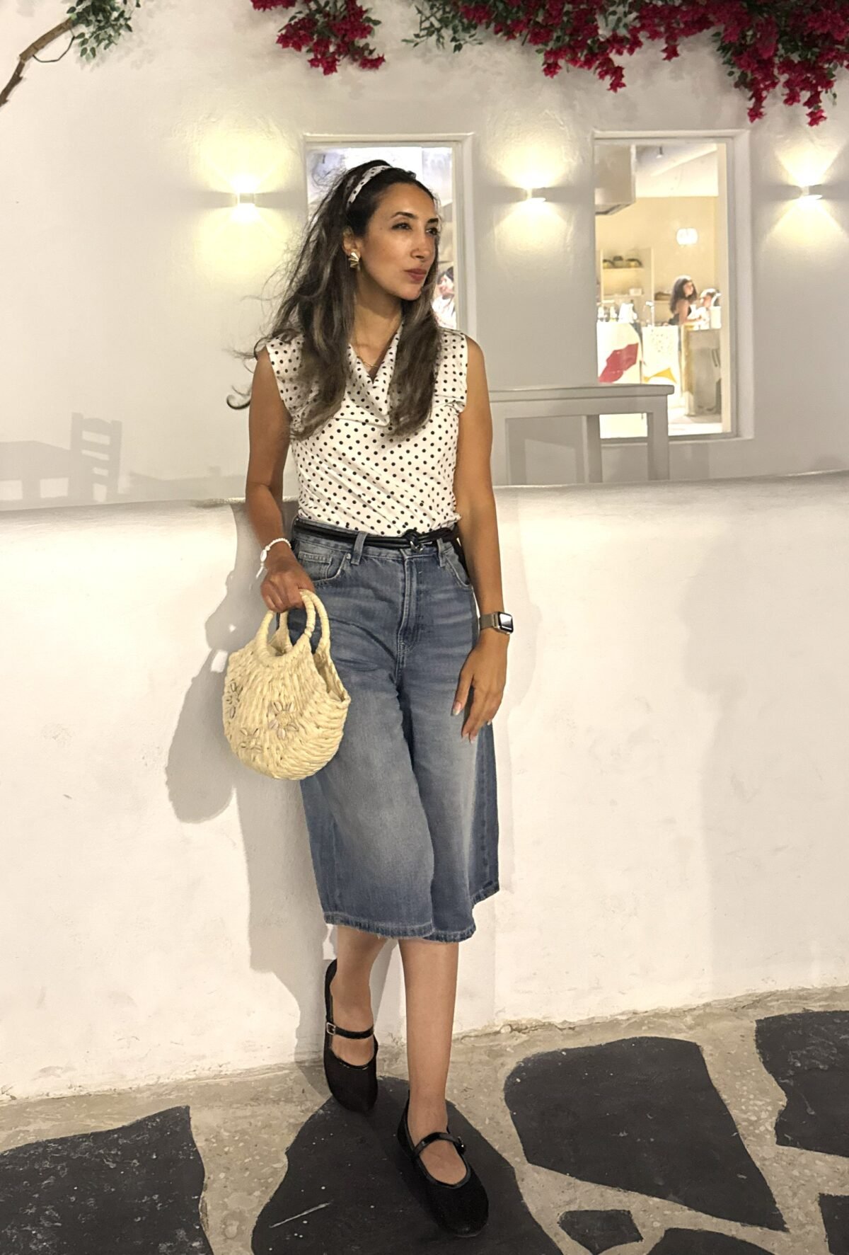 FrontPolkaTop Polka Dots Drape Neck Sleeveless Top
