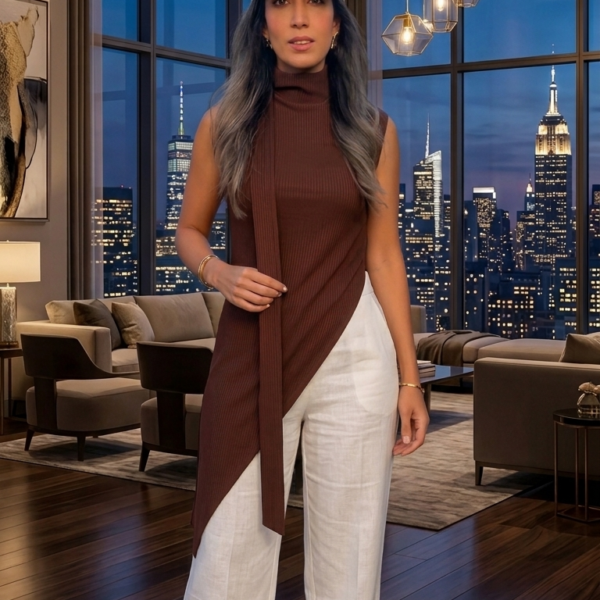 Ribbed Asymmetrical high neck with tie