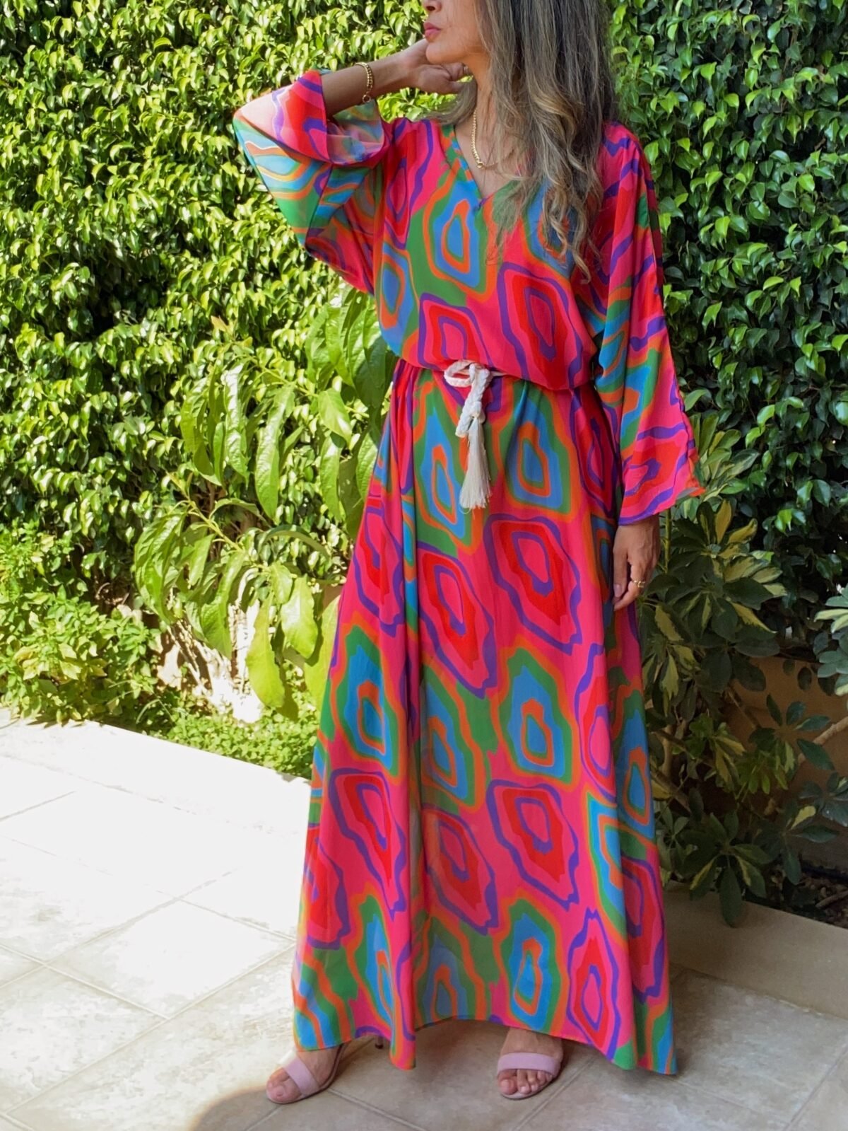 Vibrant Geometric Print Chiffon Maxi Dress
