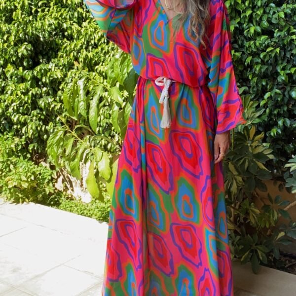 Vibrant Geometric Print Chiffon Maxi Dress