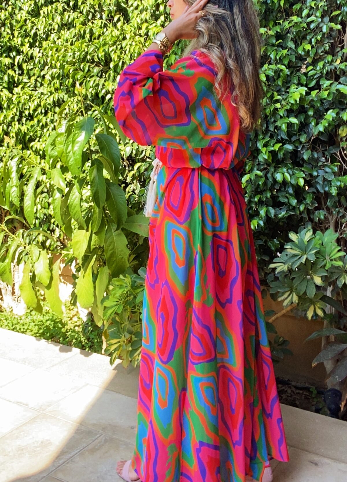Vibrant Geometric Print Chiffon Maxi Dress
