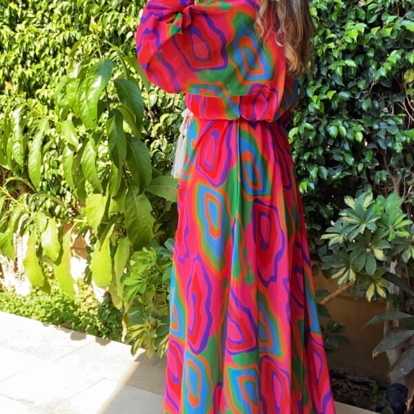 Vibrant Geometric Print Chiffon Maxi Dress