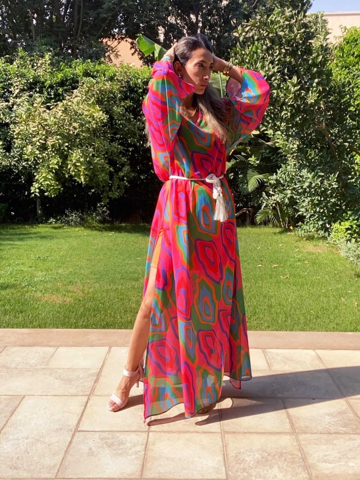 Vibrant Geometric Print Chiffon Maxi Dress