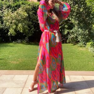 Vibrant Geometric Print Chiffon Maxi Dress