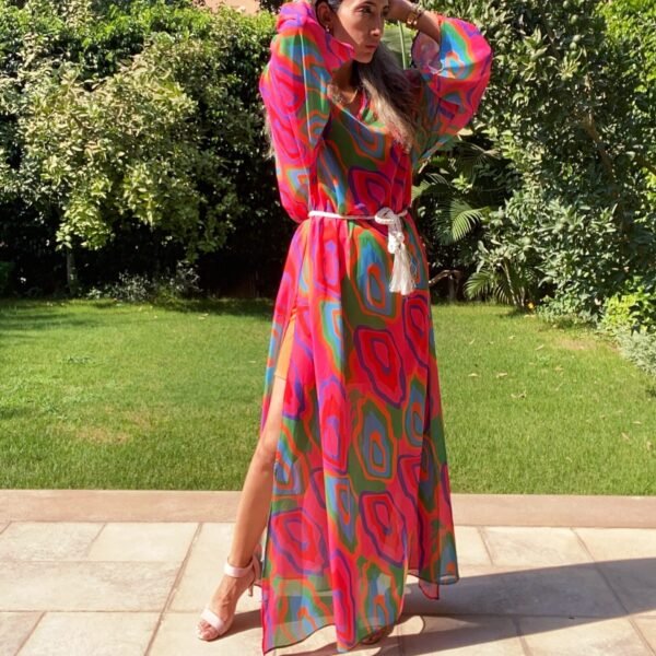 Vibrant Geometric Print Chiffon Maxi Dress